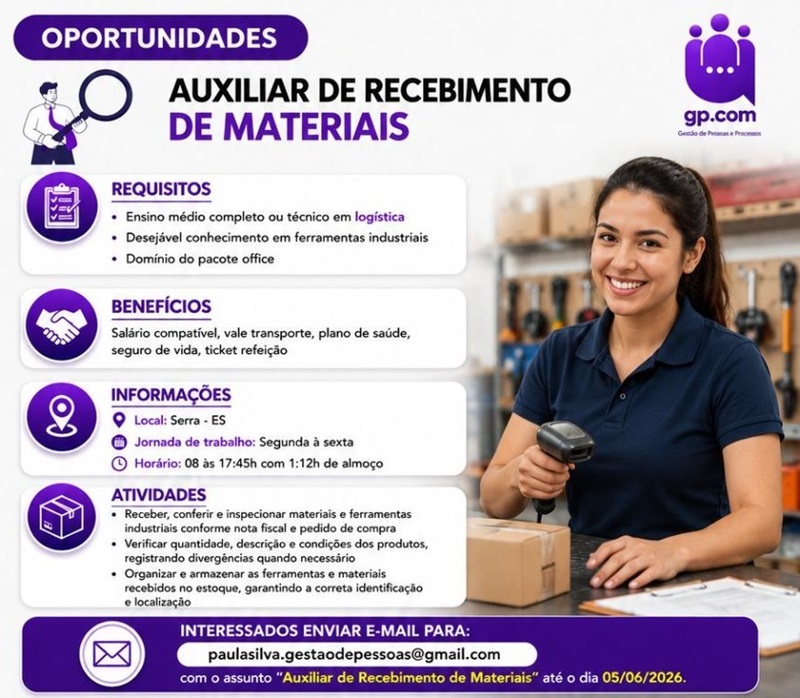 Vaga para Auxiliar de Recebimento de Materiais