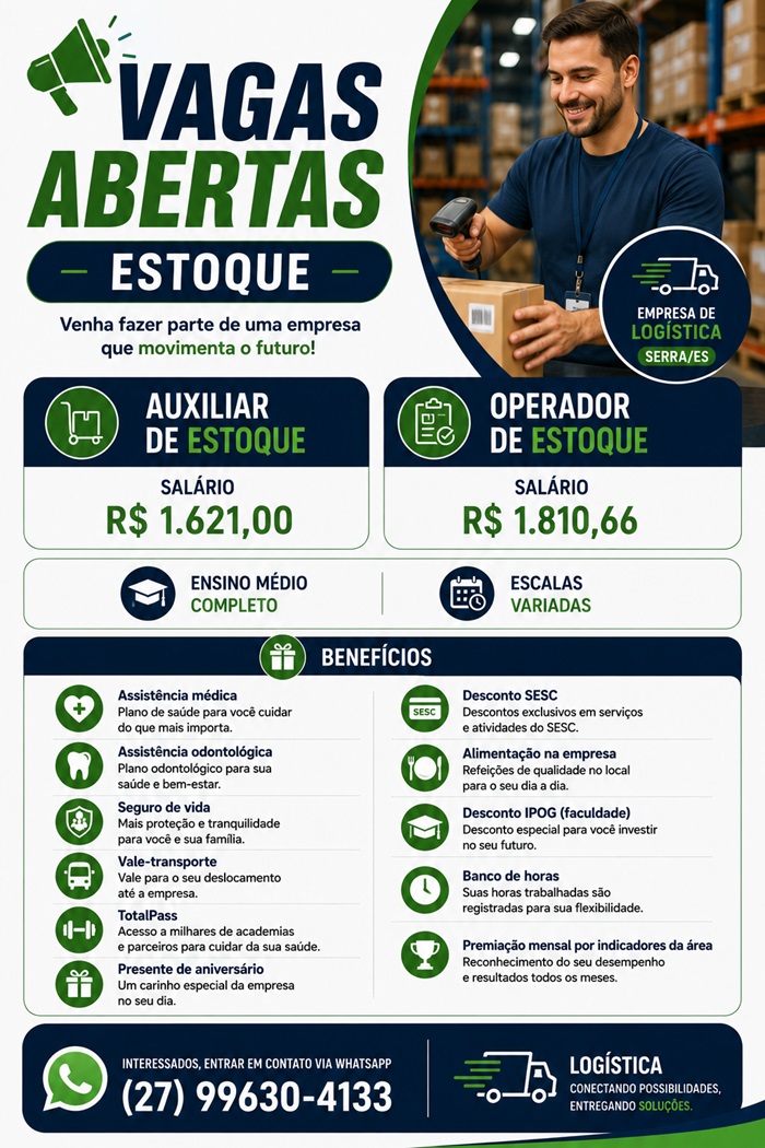 Vagas para Auxiliar de Estoque e Operador de Estoque