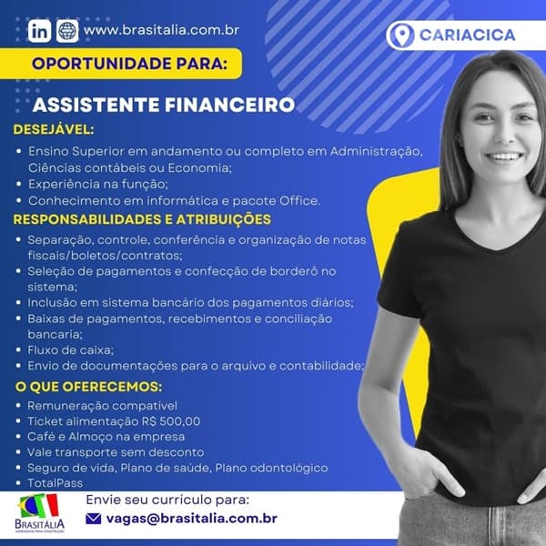 BRASITALIA CONTRATA ASSISTENTE FINANCEIRO