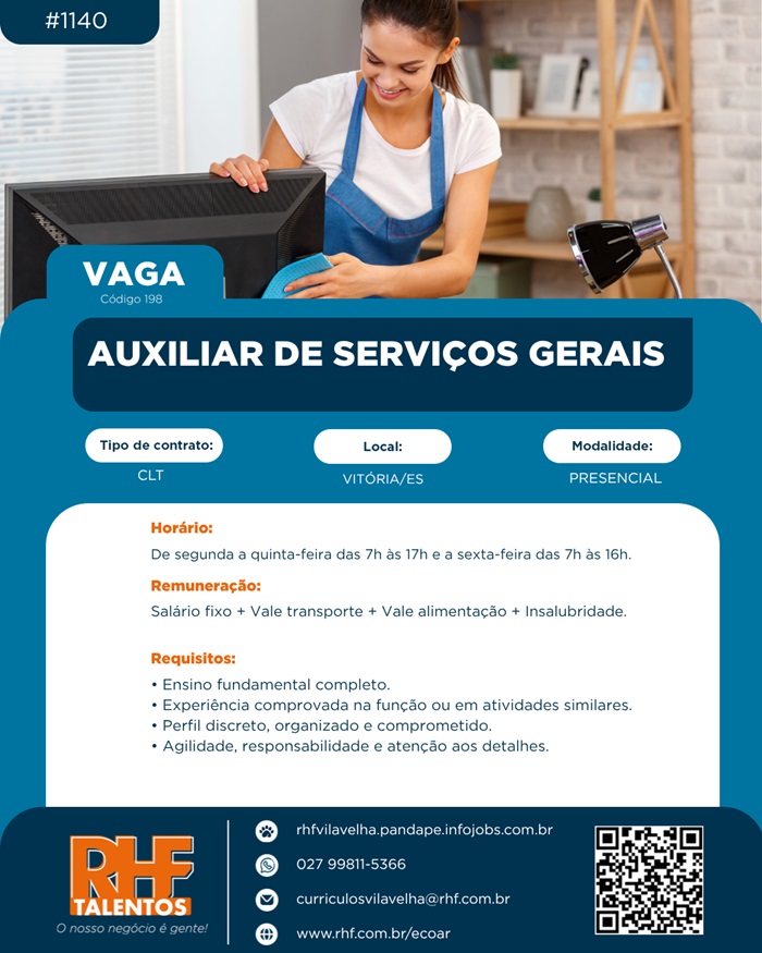 Vaga para Auxiliar de Serviços Gerais 