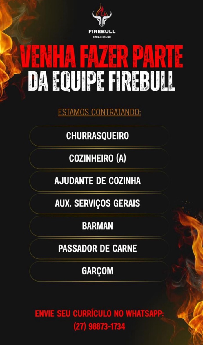 Firebull Steakhouse abre vagas de Emprego