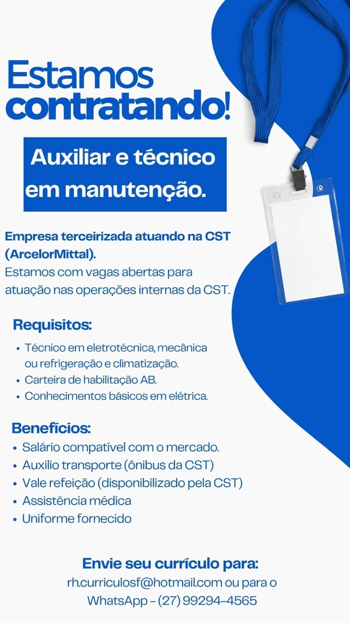 Vaga para Auxiliar e Técnico em Manutenção