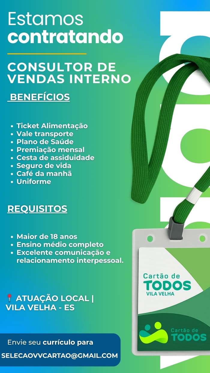 Vaga para Consultor de Vendas Interno