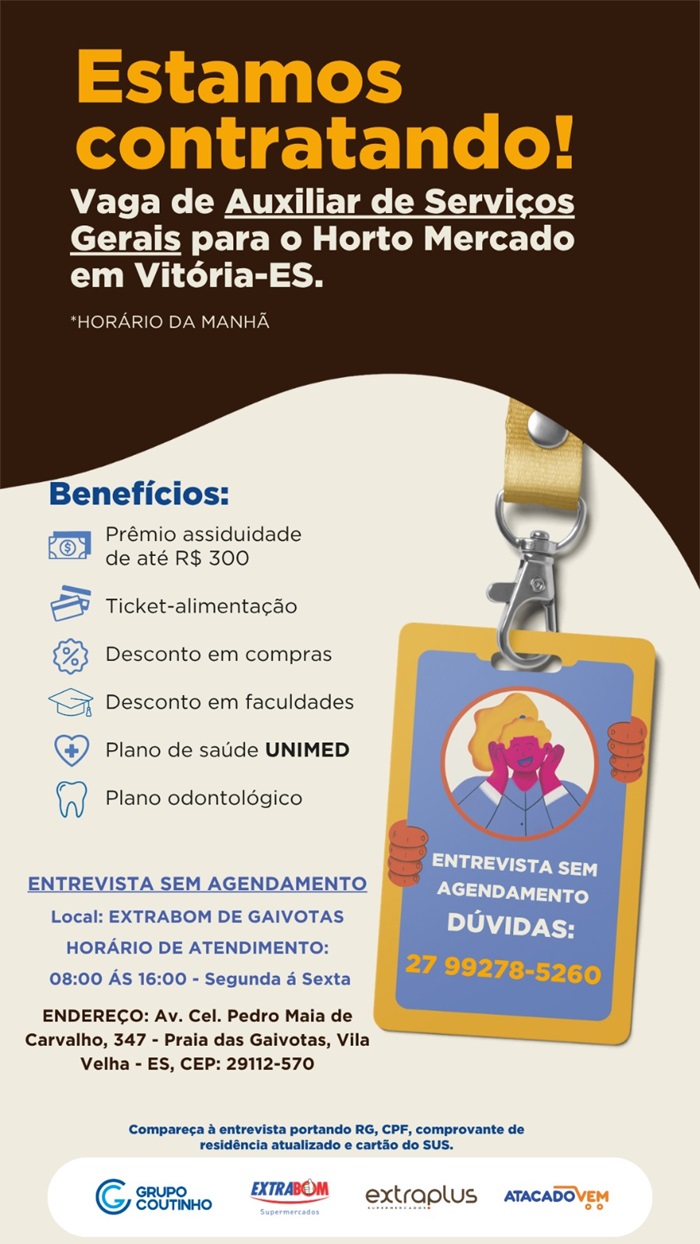 Vaga de Auxiliar de Serviços Gerais para o Horto Mercado em Vitória-ES.