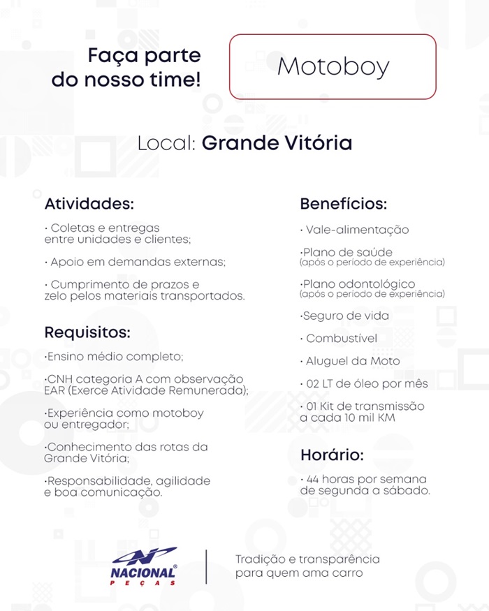 Nacional Peças contrata Motoboy