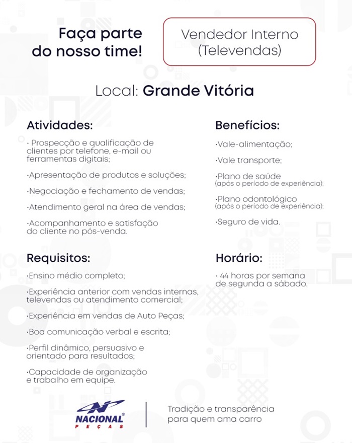 Vaga para Vendedor Interno (Televendas)