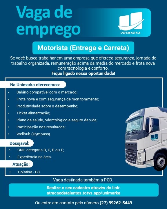 Unimarka contrata Motorista (Entrega e Carreta)