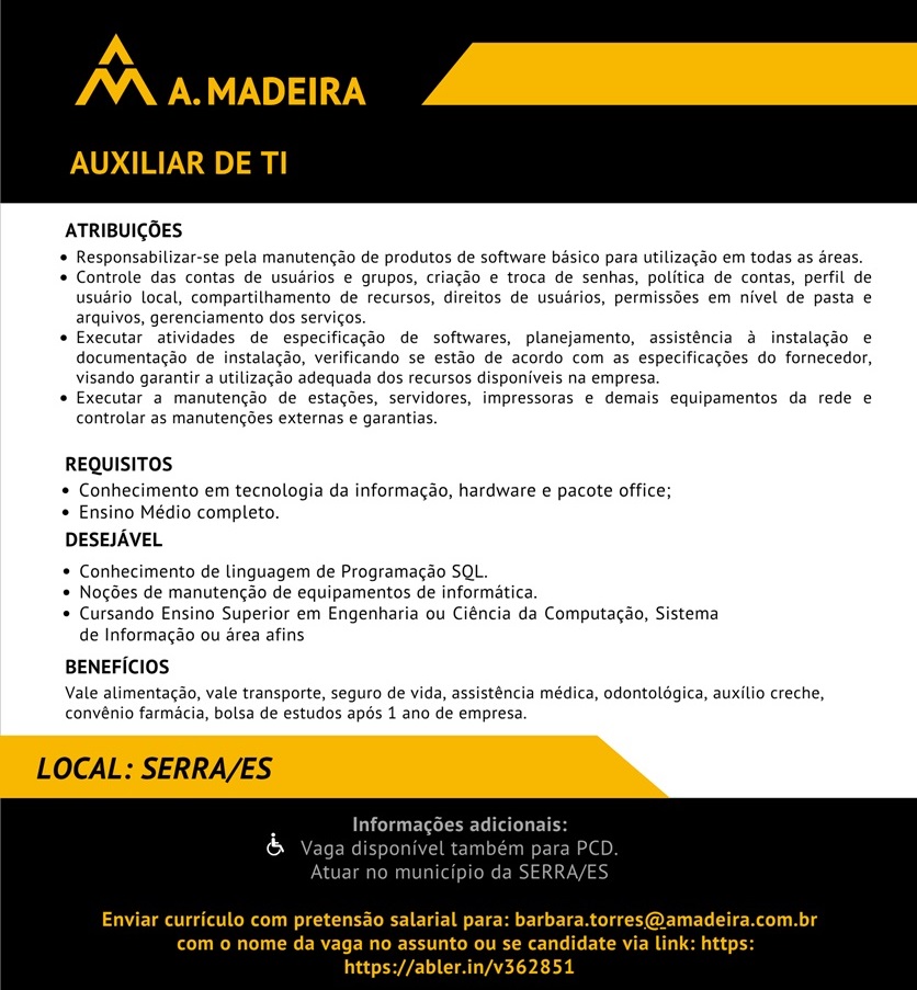 Grupo A. MADEIRA contrata Auxiliar de TI