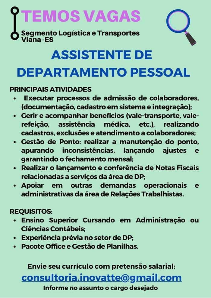 Vaga para Assistente de Departamento Pessoal