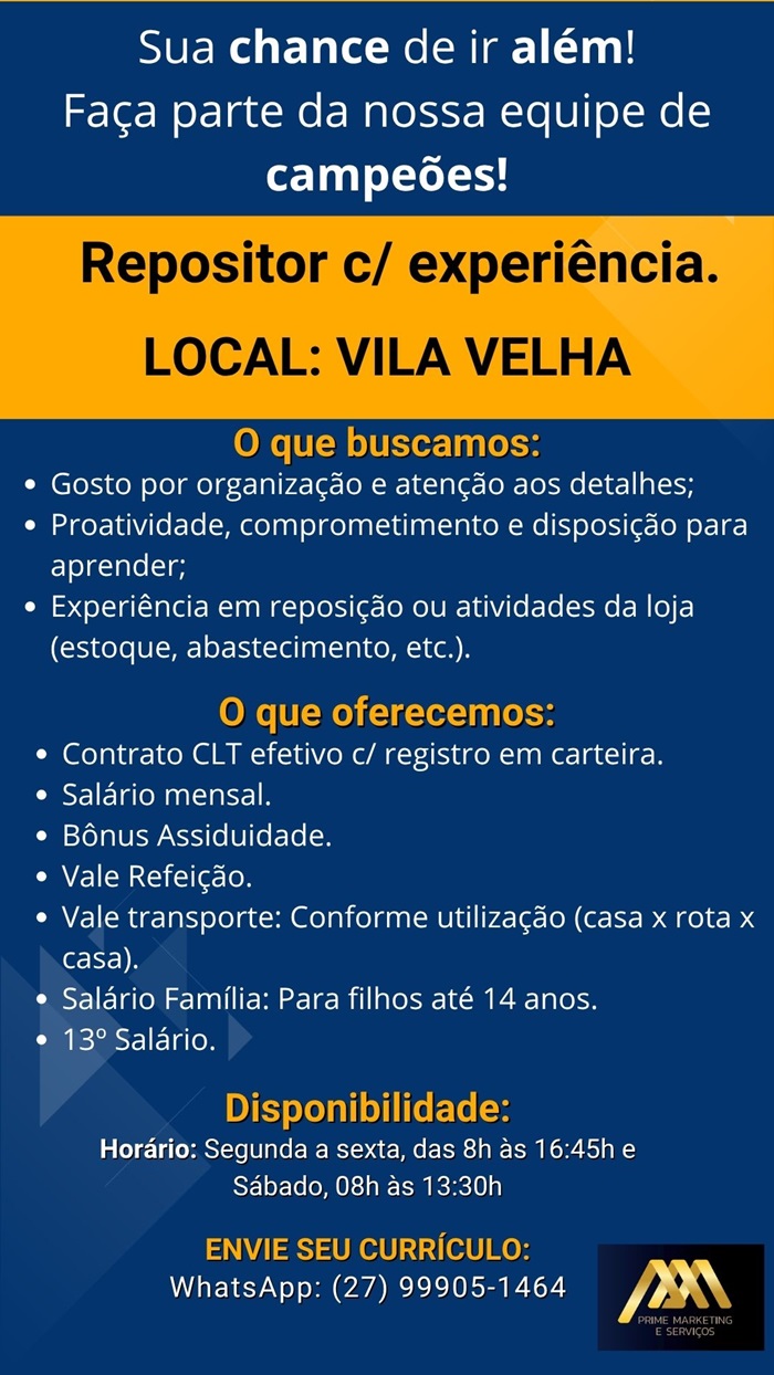 VAGA DE REPOSITOR - VILA VELHA