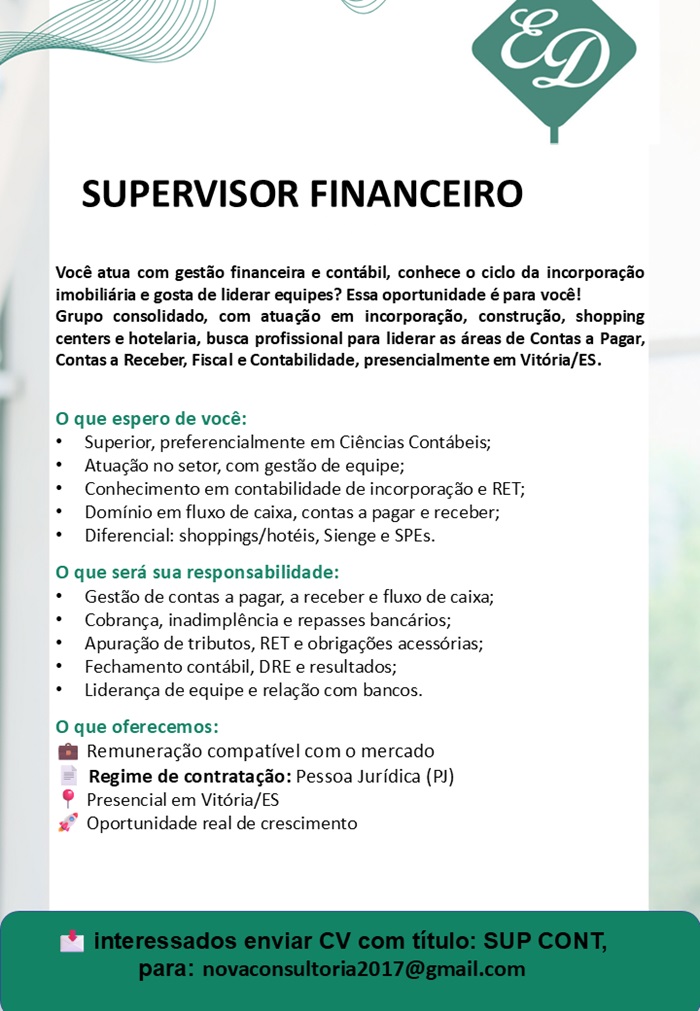 VAGA DE SUPERVISOR FINANCEIRO