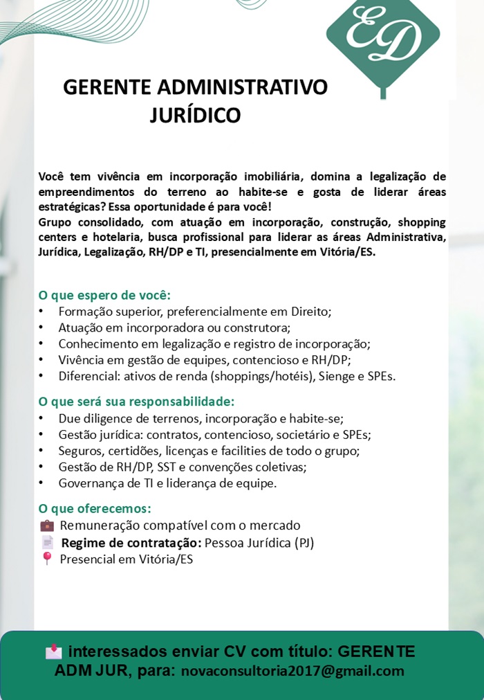 VAGA DE GERENTE ADMINISTRATIVO JURÍDICO