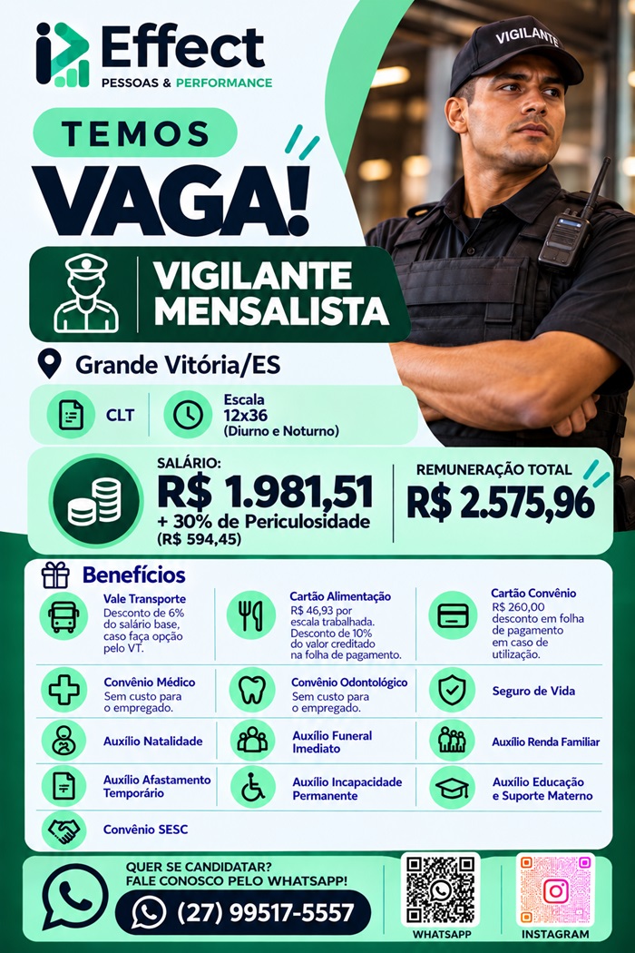 Vaga para Vigilante Mensalista - Grande Vitória/ES