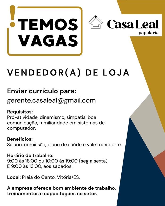 Casa Leal Papelaria contrata Vendedor(a) de Loja