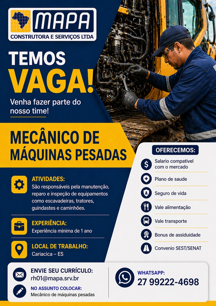 VAGA DE MECÂNICO DE MÁQUINAS PESADAS