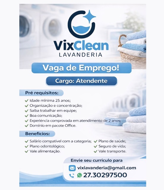 Vaga para Atendente - VixClean Lavanderia