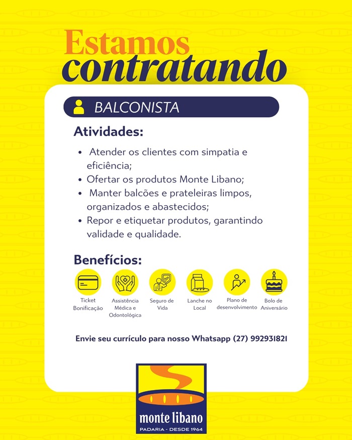 Padaria Monte Libano contrata Balconista