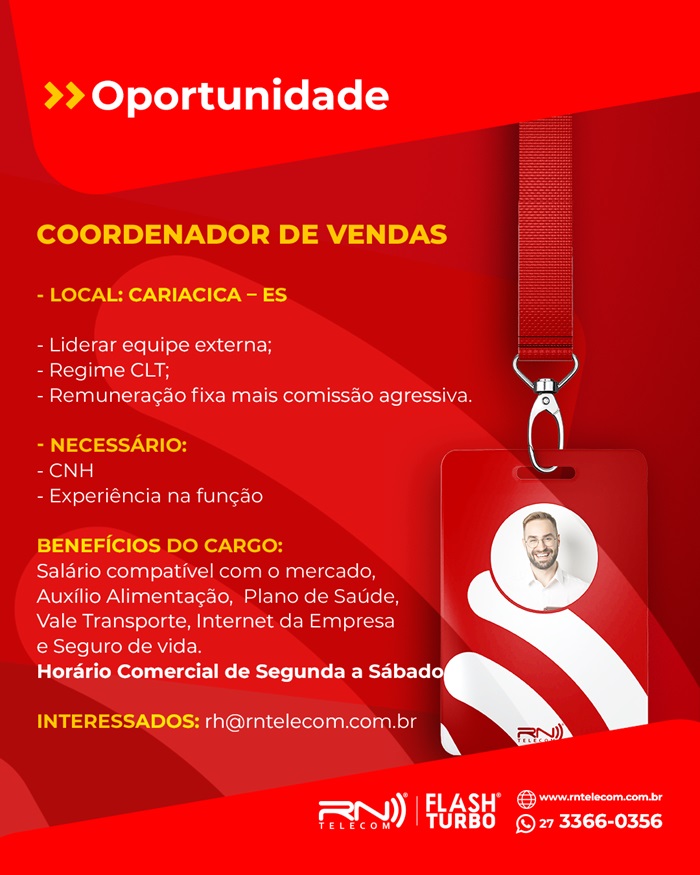RN TELECOM CONTRATA COORDENADOR DE VENDAS