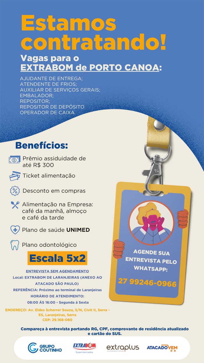Vagas para o EXTRABOM de PORTO CANOA