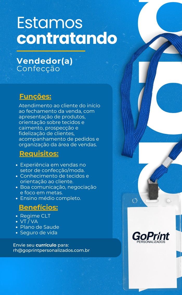 VAGA DE VENDEDOR(A) CONFECÇÃO
