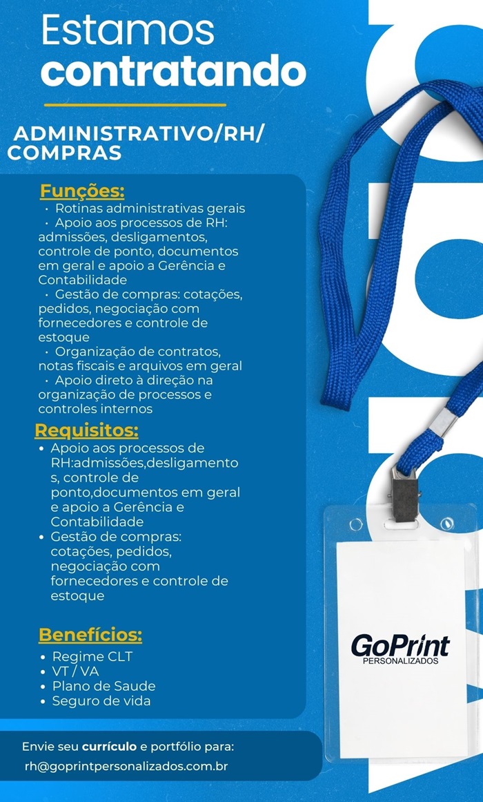 VAGA PARA ADMINISTRATIVO / RH / COMPRAS