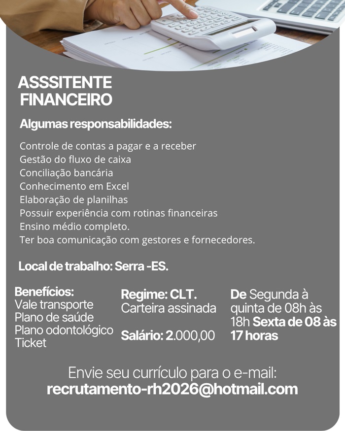 VAGA PARA ASSISTENTE FINANCEIRO