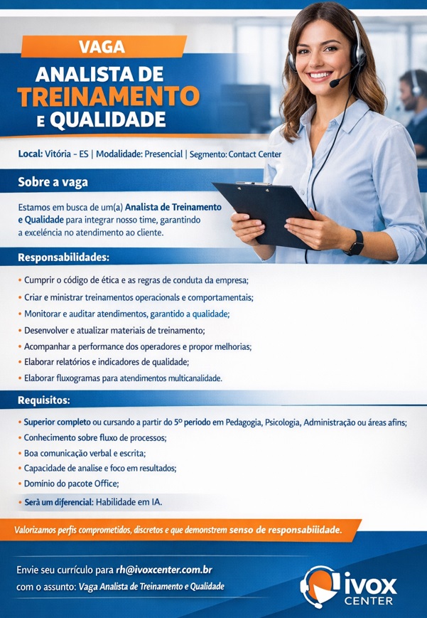 Vaga para Analista de Treinamento e Qualidade