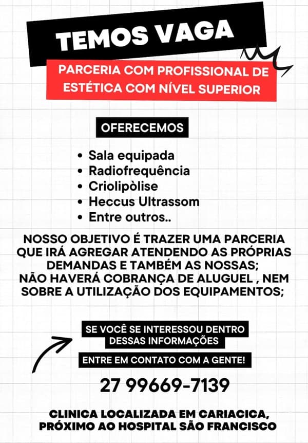 VAGA PARA PARCERIA COM PROFISSIONAL DE ESTÉTICA