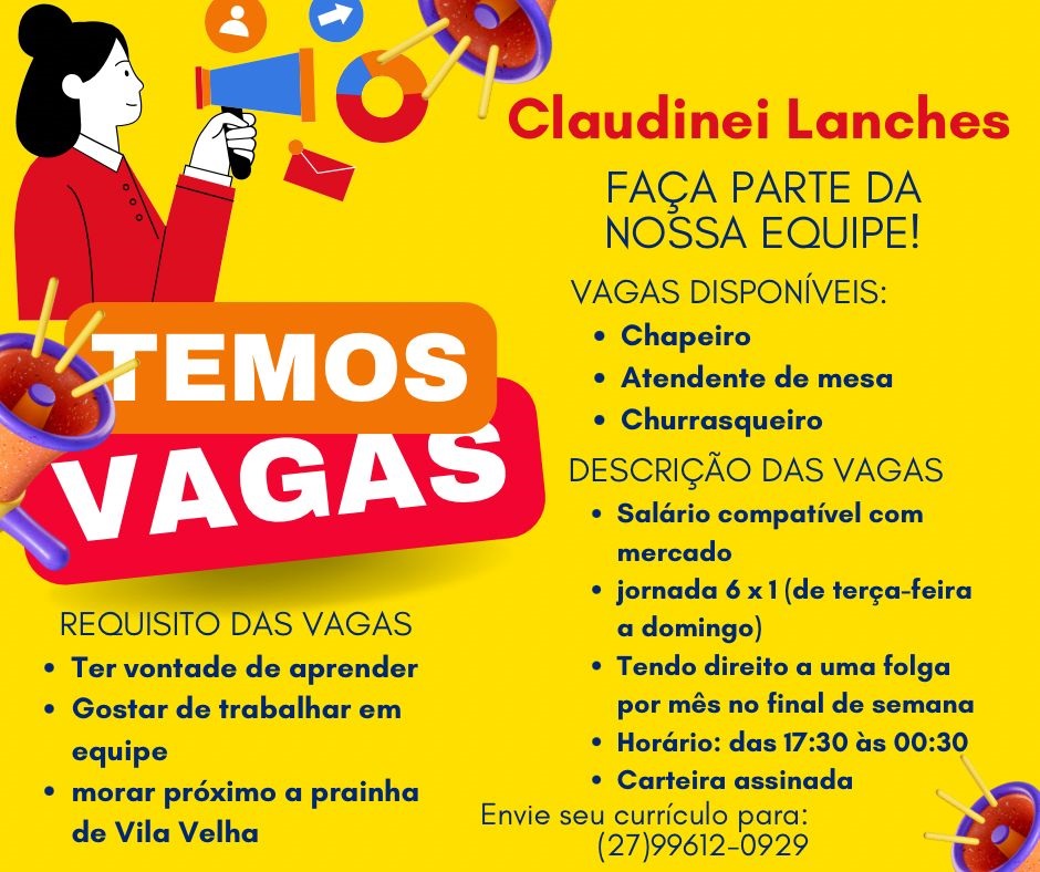 Claudinei Lanches contrata Atendente, Chapeiro e Churrasqueiro