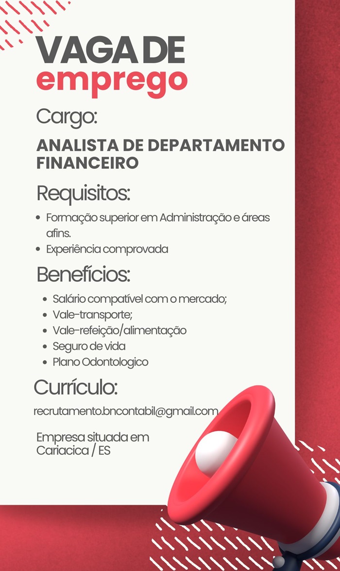 Vaga para Analista de Departamento Financeiro