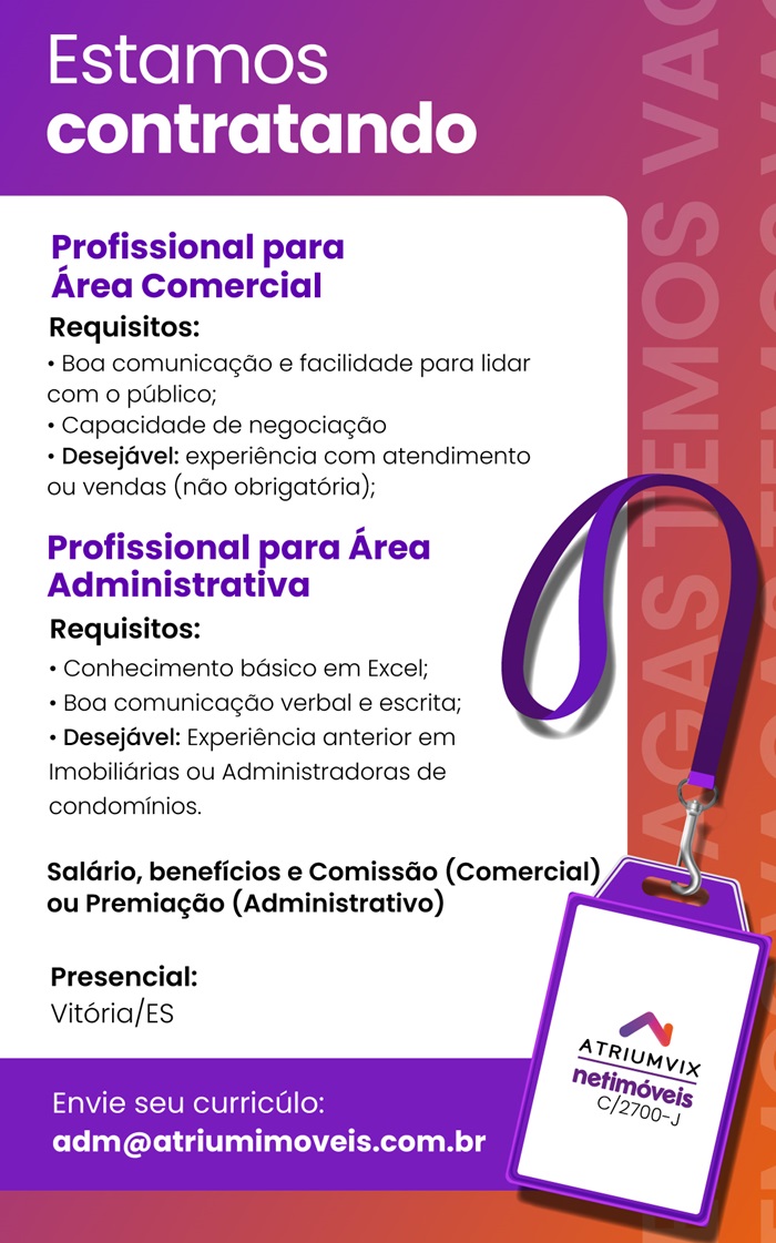 Vagas para Profissional Comercial e Administrativo