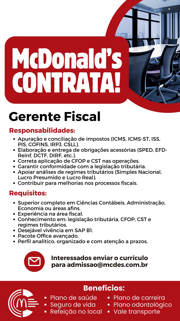 McDonald's contrata Gerente Fiscal