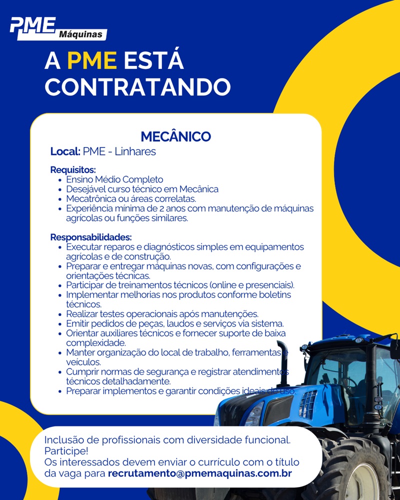 PME Máquinas contrata Mecânico (Linhares) 