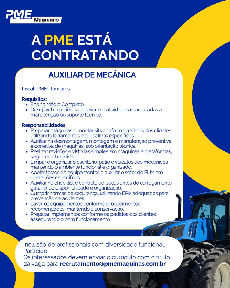 PME Máquinas contrata Auxiliar de Mecânica – Linhares/ES