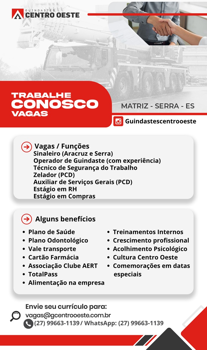 Guindastes Centro Oeste abre diversas vagas de emprego