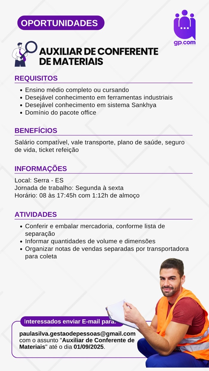 VAGA DE AUXILIAR DE CONFERENTE DE MATERIAIS