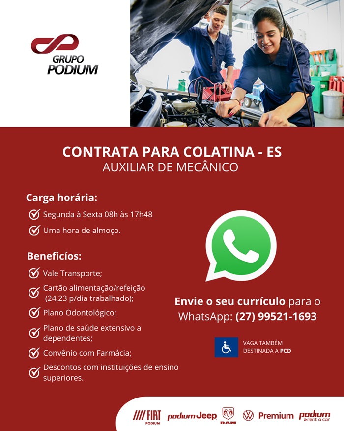 GRUPO PODIUM CONTRATA AUXILIAR DE MECÂNICO (COLATINA)