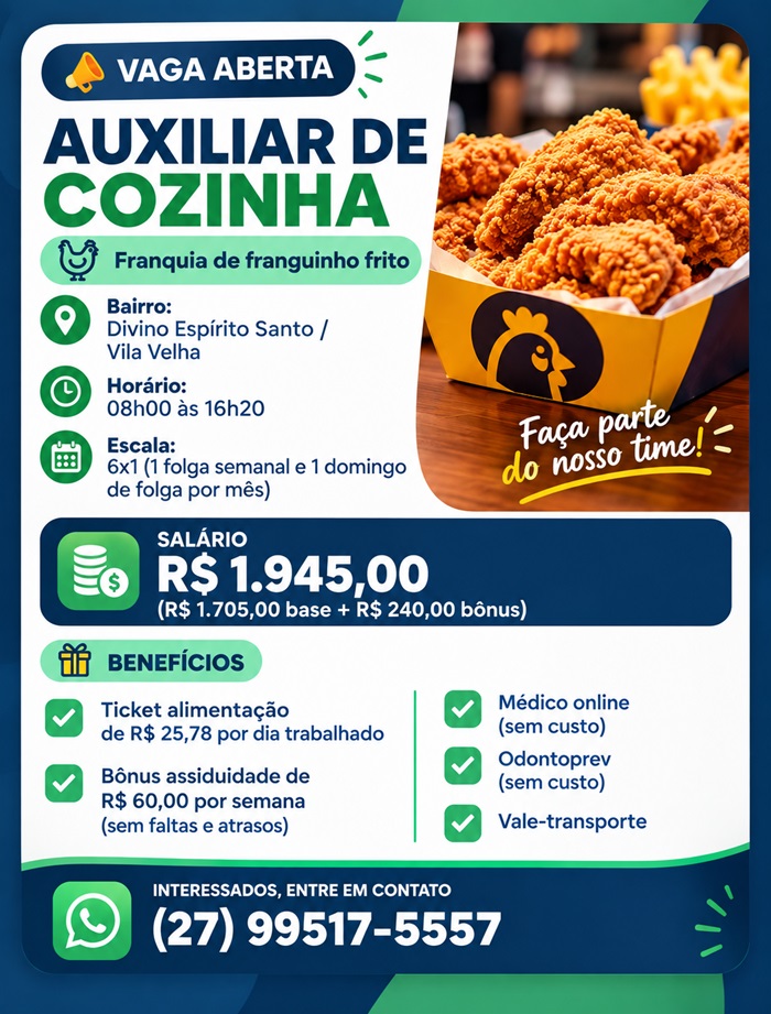 Vaga para Auxiliar de Cozinha | Vila Velha