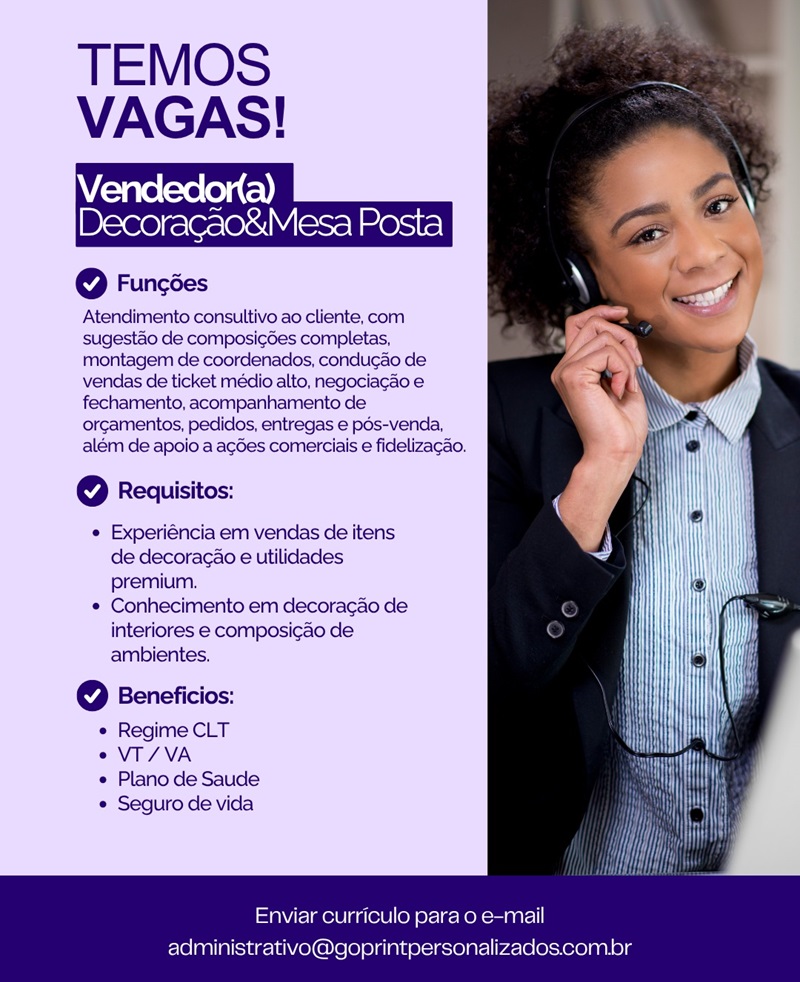 Vaga para Vendedor(a) Decoração & Mesa Posta