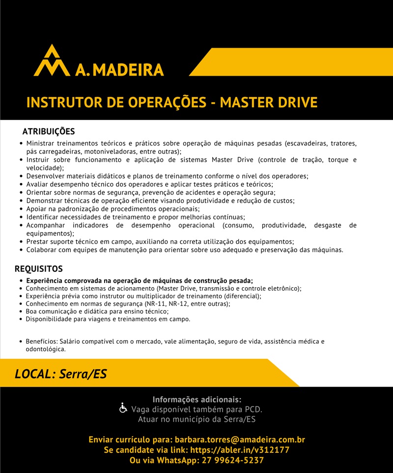 Grupo A. MADEIRA contrata Instrutor de Operações - Master Drive