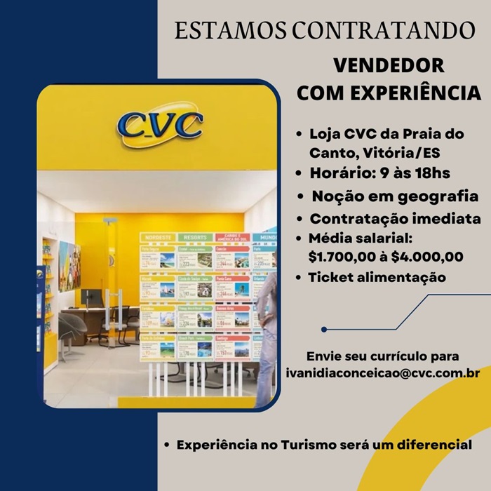 CVC CONTRATA VENDEDOR(A) -  PRAIA DO CANTO