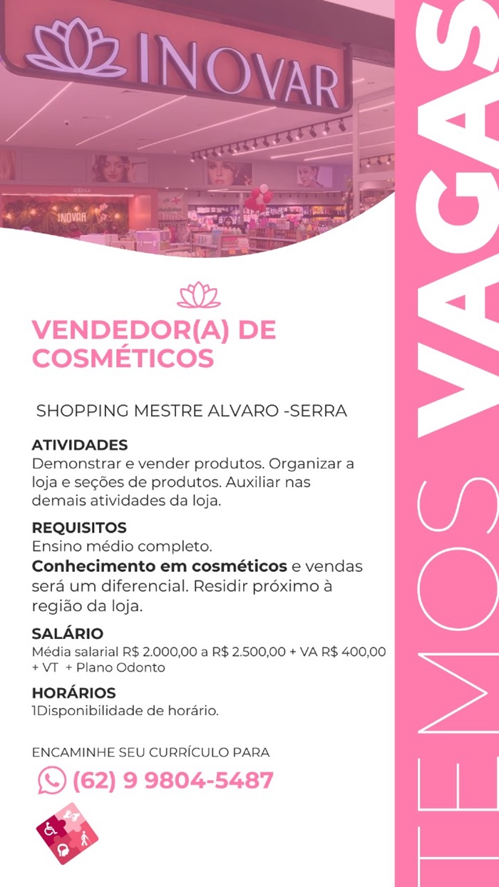 INOVAR CONTRATA VENDEDOR(A) DE COSMÉTICOS