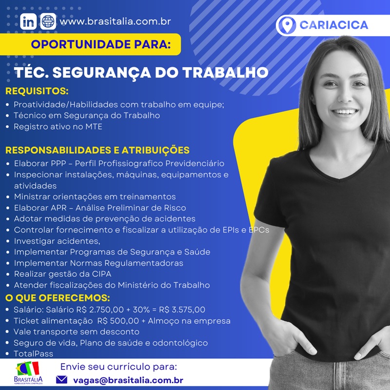 BRASITALIA CONTRATA TÉCNICO EM SEGURANÇA DO TRABALHO