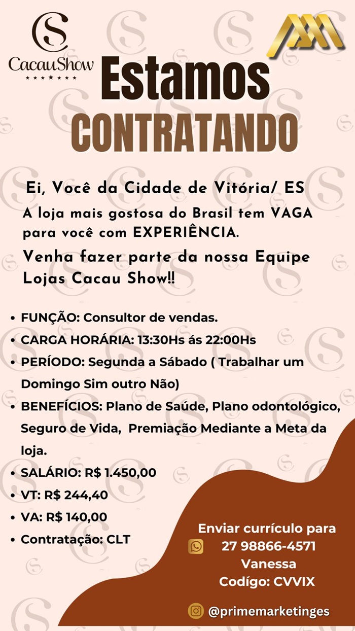 CACAU SHOW ABRE VAGAS DE EMPREGO