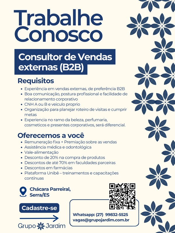 Grupo Jardim contrata Consultor de Vendas externas (B2B)