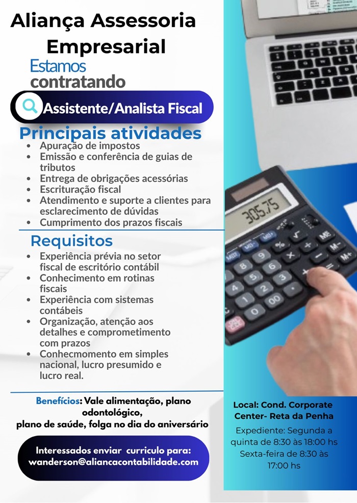 Vaga para Assistente/Analista Fiscal