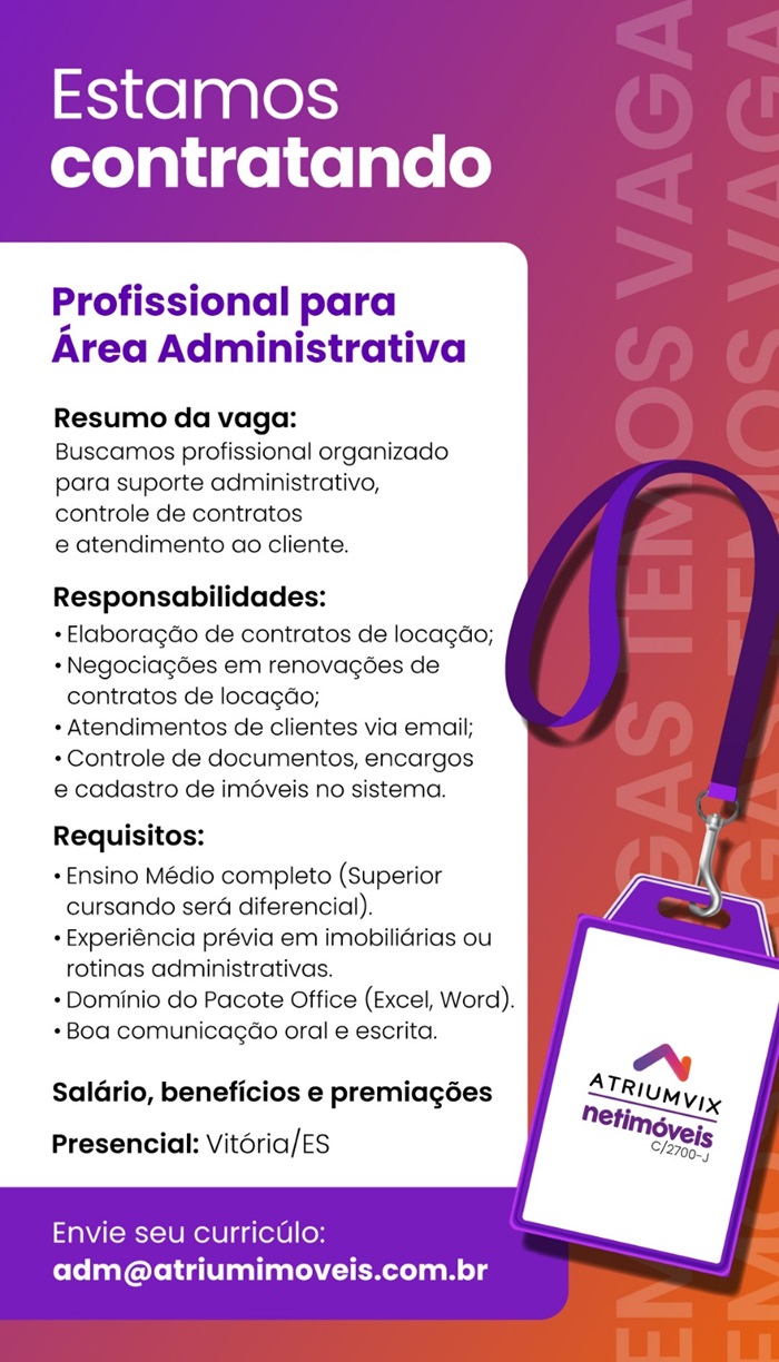 Vaga para Profissional para Área Administrativa