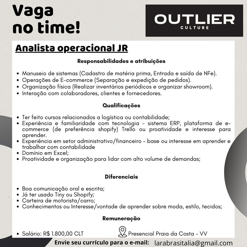 Vaga para Analista Operacional JR