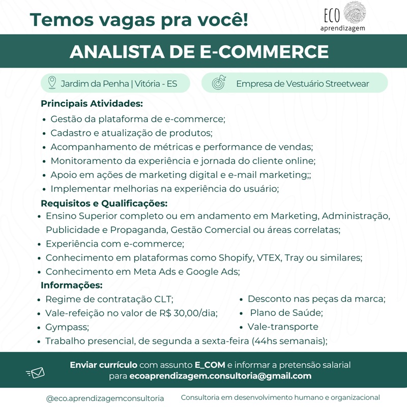 Vaga para Analista de E-commerce
