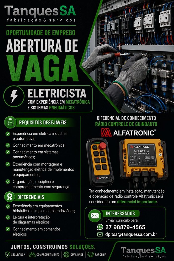 Tanques SA contrata Eletricista 